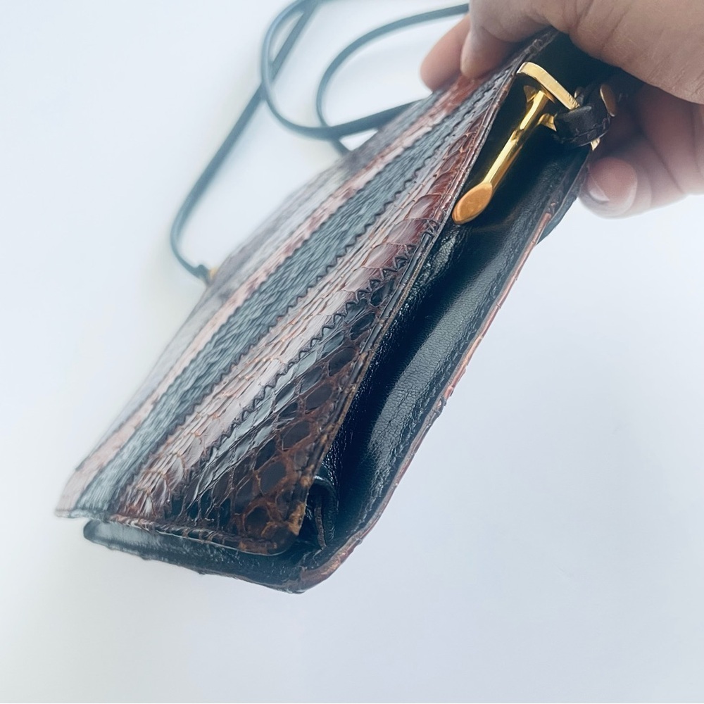 VINTAGE REPTILE LEATTHER BROWN SHOULDER CROSSBODY WOMEN BAG GOLD HARDWARE - Picture 7 of 14